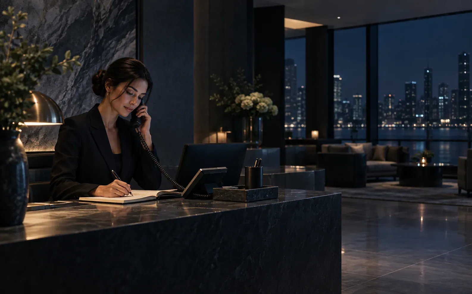 A refined service-business operations desk prepared for evening inquiries